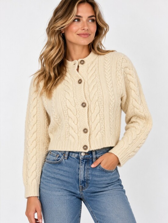 Paul James Sweaters - Paul James England 100% Wool Cable Knit Cardigan Sweater Cream Cropped S